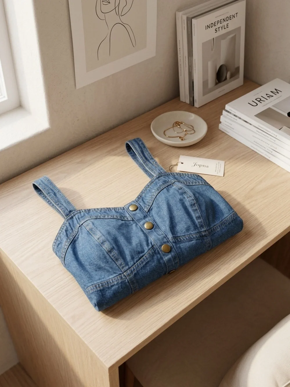 Japna Denim Button-Front Crop Top Blue Sleeveless Summer Shirt Size Large - Picture 3 of 6